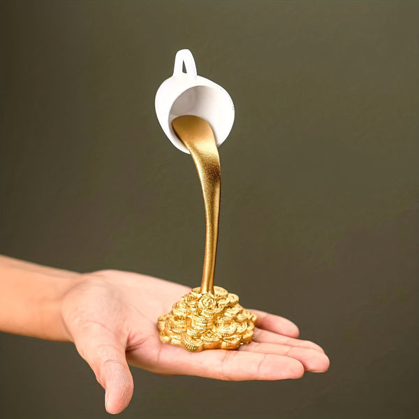 2 Pcs White Cup With Golden "Spill" And Base Magic Pouring Coffee Sculpture Unique Resin Tabletop Art Accent Other Home Décor