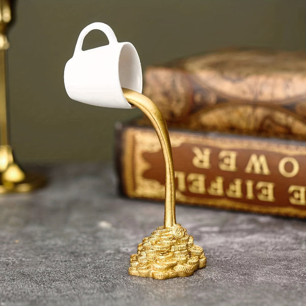 2 Pcs Glod Cup With Golden Spill" And Base Magic Pouring Coffee Sculpture Unique Resin Tabletop Art Accent" Other Home Décor