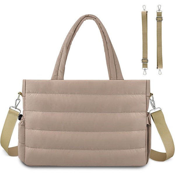 Khaki Stylish Quilted Nylon Tote Bag Large Capacity Diaper Nappy For Travel & Stroller With Adjustable Straps Nappy Bags