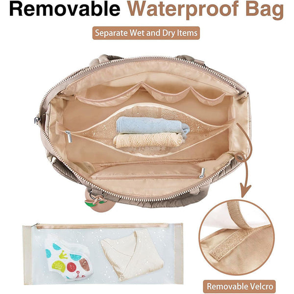 Khaki Stylish Quilted Nylon Tote Bag Large Capacity Diaper Nappy For Travel & Stroller With Adjustable Straps Nappy Bags
