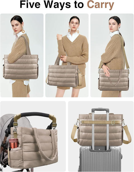 Khaki Stylish Quilted Nylon Tote Bag Large Capacity Diaper Nappy For Travel & Stroller With Adjustable Straps Nappy Bags