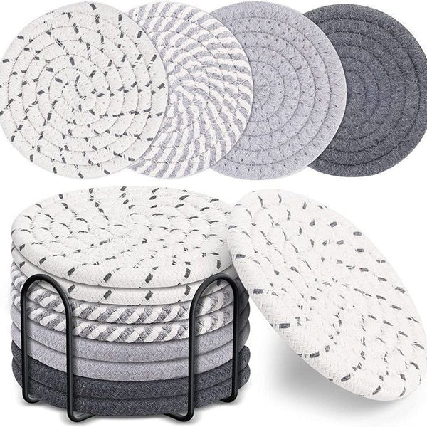 Grey Absorbent Woven Cotton Set Of 8 With Metal Holder Heat Resistant Drink Mats For Table Protection Coasters