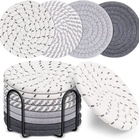 Grey Absorbent Woven Cotton Set Of 8 With Metal Holder Heat Resistant Drink Mats For Table Protection Coasters