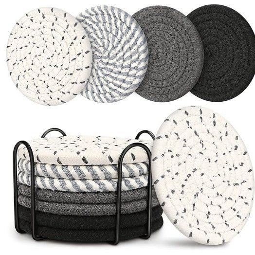 Beige And Black Absorbent Woven Cotton Set Of 8 With Metal Holder Heat Resistant Drink Mats For Table Protection Coasters