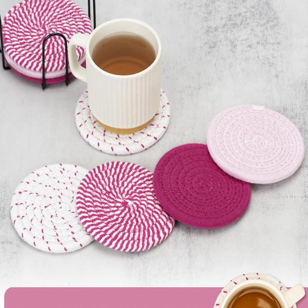 Beige And Black Absorbent Woven Cotton Set Of 8 With Metal Holder Heat Resistant Drink Mats For Table Protection Coasters