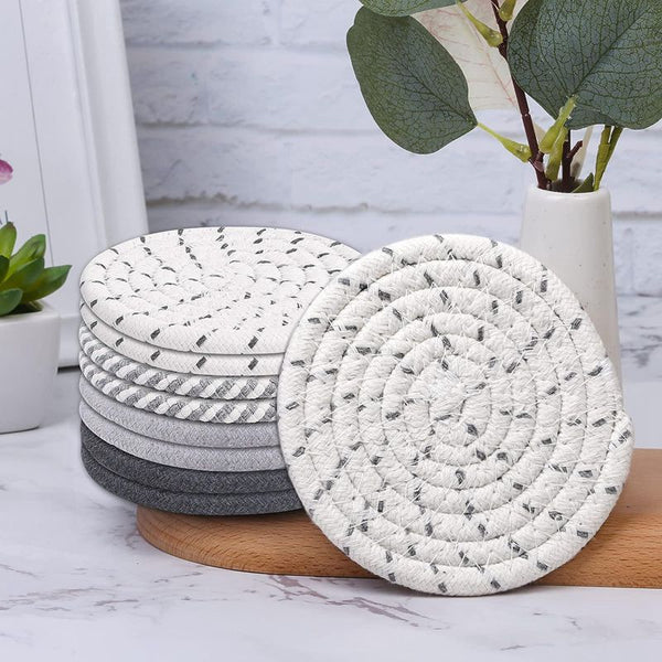 Beige And Black Absorbent Woven Cotton Set Of 8 With Metal Holder Heat Resistant Drink Mats For Table Protection Coasters