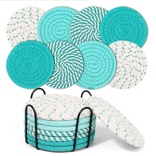Beige And Blue Absorbent Woven Cotton Set Of 8 With Metal Holder Heat Resistant Drink Mats For Table Protection Coasters