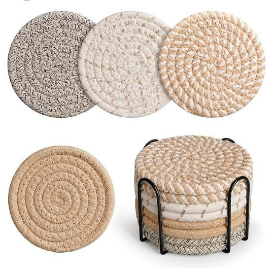 Khaki Absorbent Woven Cotton Set Of 8 With Metal Holder Heat Resistant Drink Mats For Table Protection Coasters