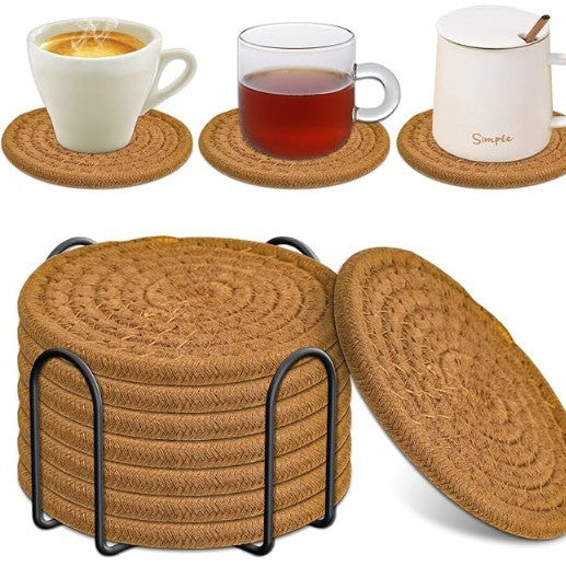 Brown Absorbent Woven Cotton Set Of 8 With Metal Holder Heat Resistant Drink Mats For Table Protection Coasters