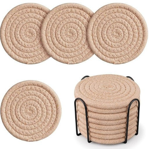 Beige Absorbent Woven Cotton Set Of 8 With Metal Holder Heat Resistant Drink Mats For Table Protection Coasters