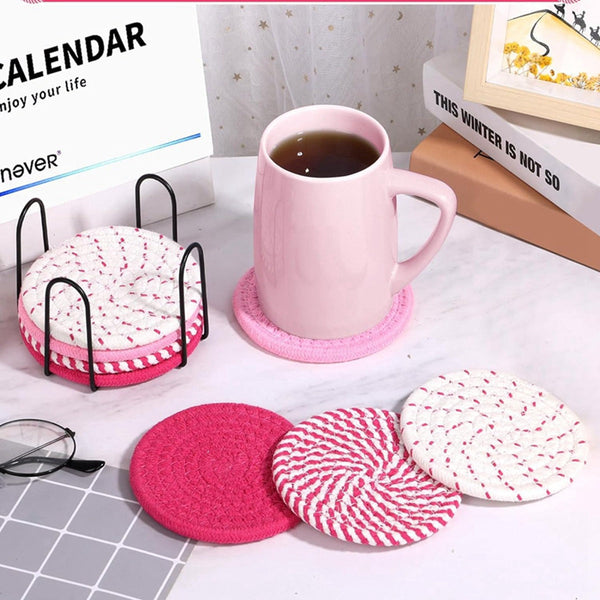 Beige Absorbent Woven Cotton Set Of 8 With Metal Holder Heat Resistant Drink Mats For Table Protection Coasters