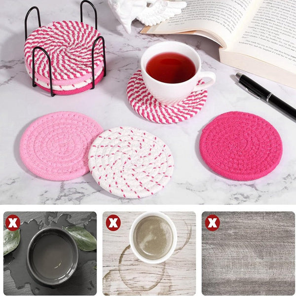Beige Absorbent Woven Cotton Set Of 8 With Metal Holder Heat Resistant Drink Mats For Table Protection Coasters