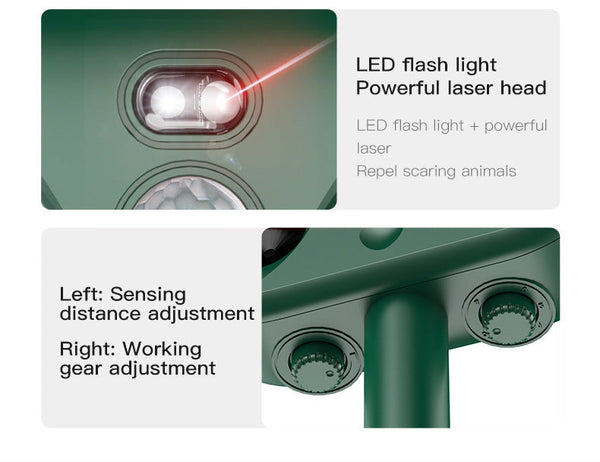 Green Advanced Solar Powered Ultrasonic Animal Repeller Outdoor Pest Deterrent With Motion Sensor Strobe Light & Laser Ultrasonic Pest Repellers