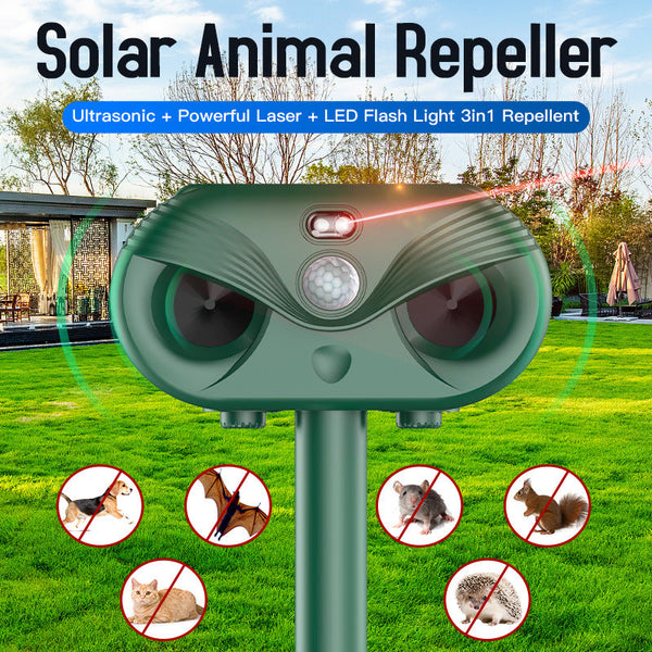 Black Advanced Solar Powered Ultrasonic Animal Repeller Outdoor Pest Deterrent With Motion Sensor Strobe Light & Laser Ultrasonic Pest Repellers