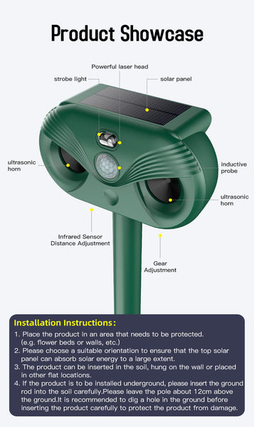Black Advanced Solar Powered Ultrasonic Animal Repeller Outdoor Pest Deterrent With Motion Sensor Strobe Light & Laser Ultrasonic Pest Repellers