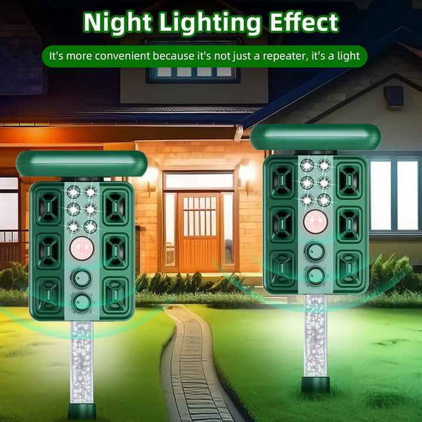 Green Solar Powered Ultrasonic Animal Repeller Multi Frequency Pest Deterrent With Motion Sensor Led Strobe & Illumination Light Ultrasonic Pest Repel