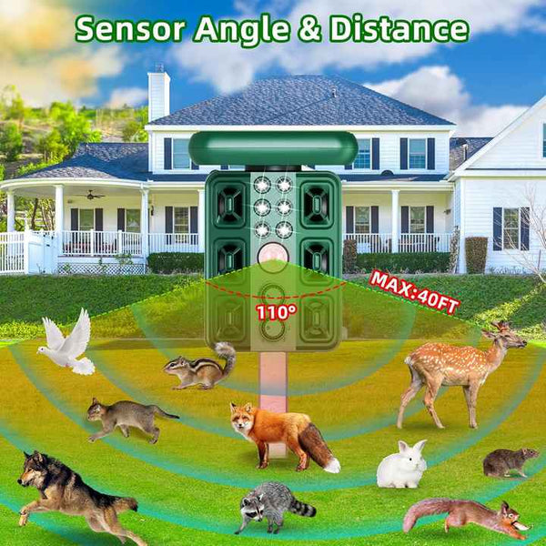 Green Solar Powered Ultrasonic Animal Repeller Multi Frequency Pest Deterrent With Motion Sensor Led Strobe & Illumination Light Ultrasonic Pest Repel