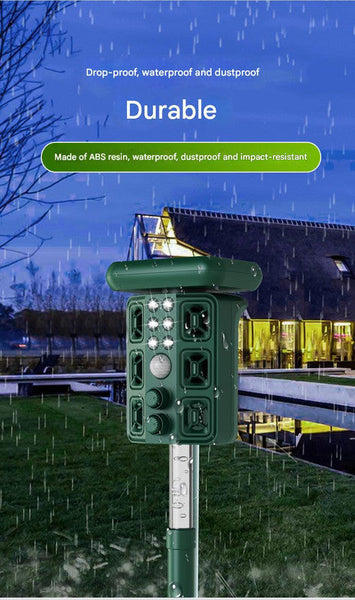 Green Solar Powered Ultrasonic Animal Repeller Multi Frequency Pest Deterrent With Motion Sensor Led Strobe & Illumination Light Ultrasonic Pest Repel