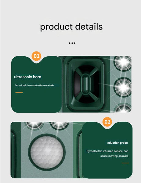 Green Solar Powered Ultrasonic Animal Repeller Multi Frequency Pest Deterrent With Motion Sensor Led Strobe & Illumination Light Ultrasonic Pest Repel