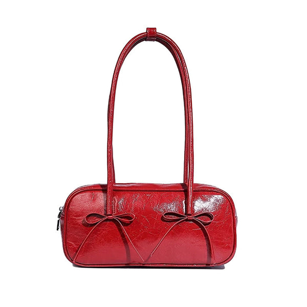 Red Chic Pu Leather Baguette Shoulder Elegant Bow Accent Underarm Handbag For Women Women's Bags & Handbags