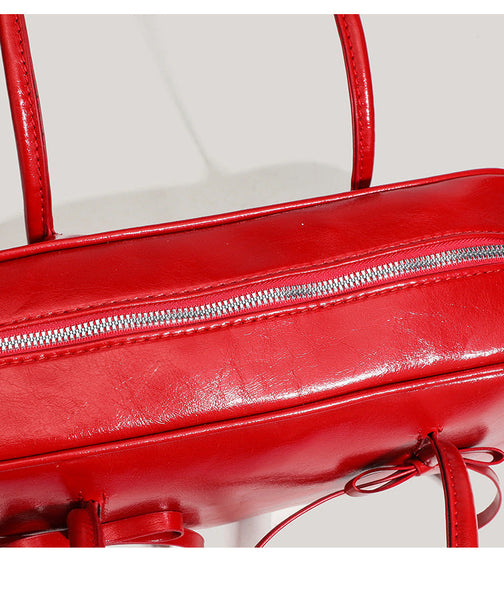 Red Chic Pu Leather Baguette Shoulder Elegant Bow Accent Underarm Handbag For Women Women's Bags & Handbags