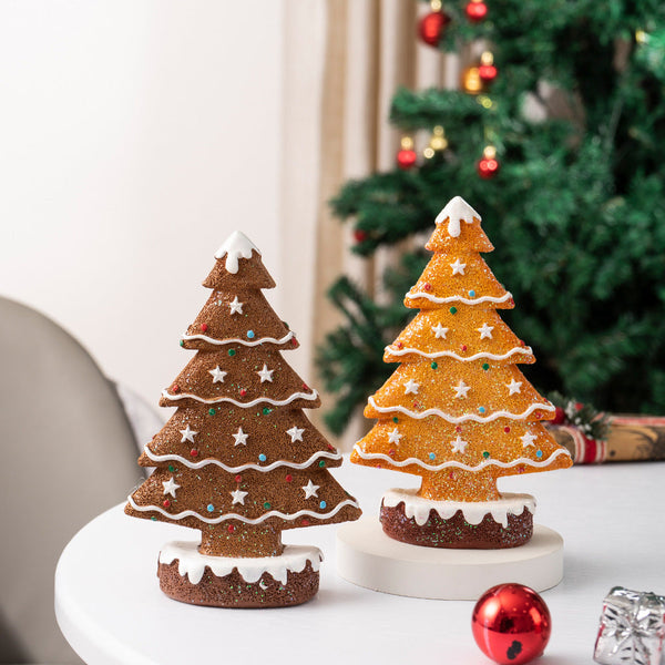 2 Pcs (1 Yellow + Brown) Charming Gingerbread Christmas Tree Figurine Festive Resin Holiday Table Decor Ornament Sculptures & Figurines