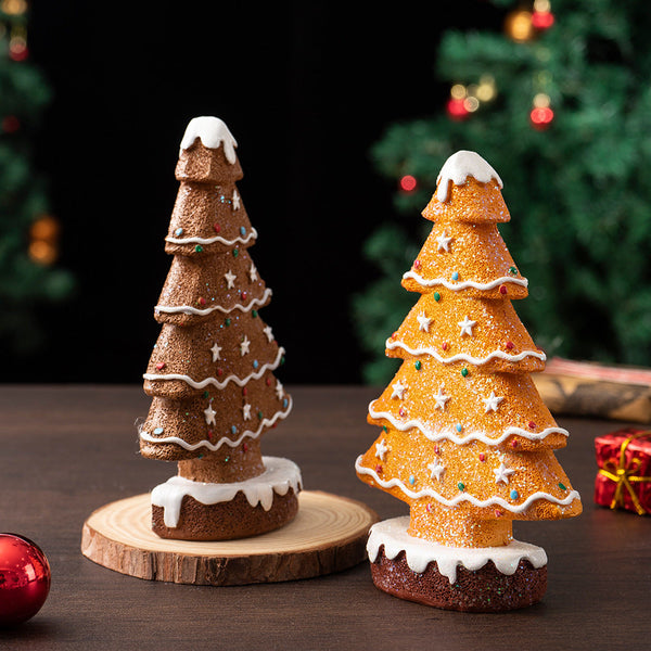 2 Pcs (1 Yellow + Brown) Charming Gingerbread Christmas Tree Figurine Festive Resin Holiday Table Decor Ornament Sculptures & Figurines