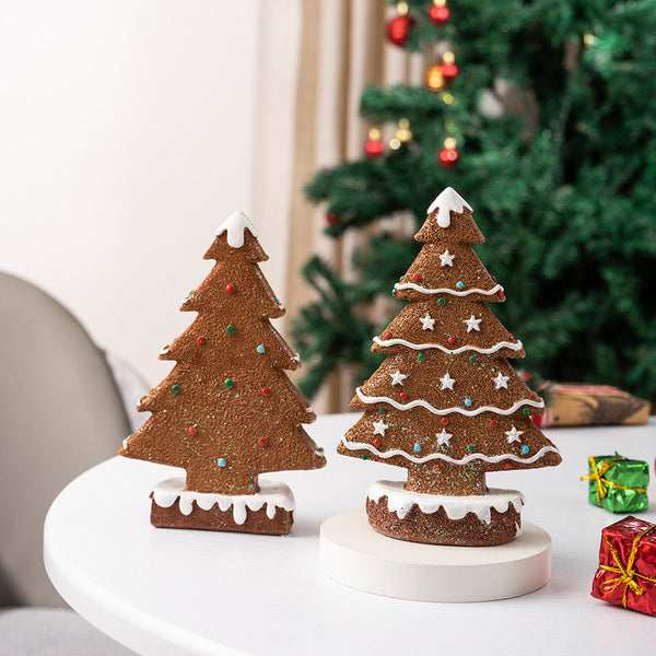 2 Pcs (1 Yellow + Brown) Charming Gingerbread Christmas Tree Figurine Festive Resin Holiday Table Decor Ornament Sculptures & Figurines