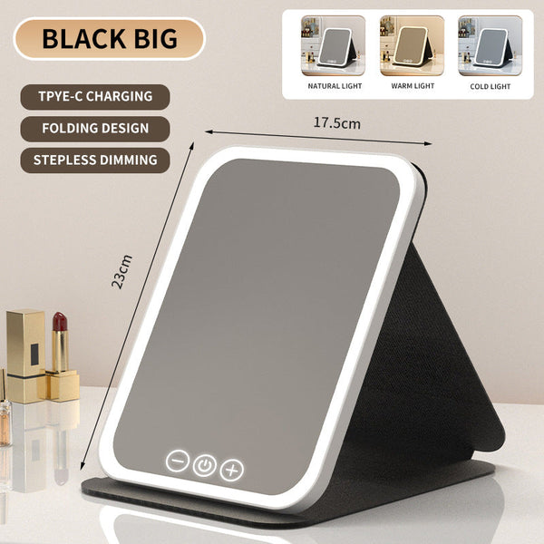 Black Large Foldable Led Makeup Mirror Portable Desktop Vanity With 3 Color Lights Stepless Dimming & Adjustable Stand Makeup Mirrors