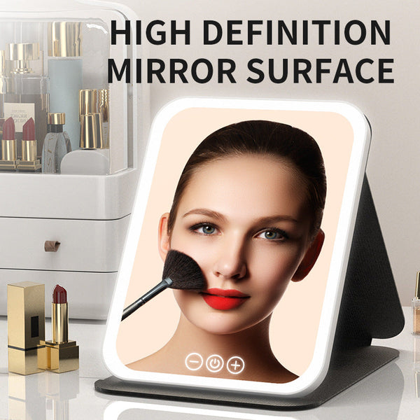 Black Large Foldable Led Makeup Mirror Portable Desktop Vanity With 3 Color Lights Stepless Dimming & Adjustable Stand Makeup Mirrors