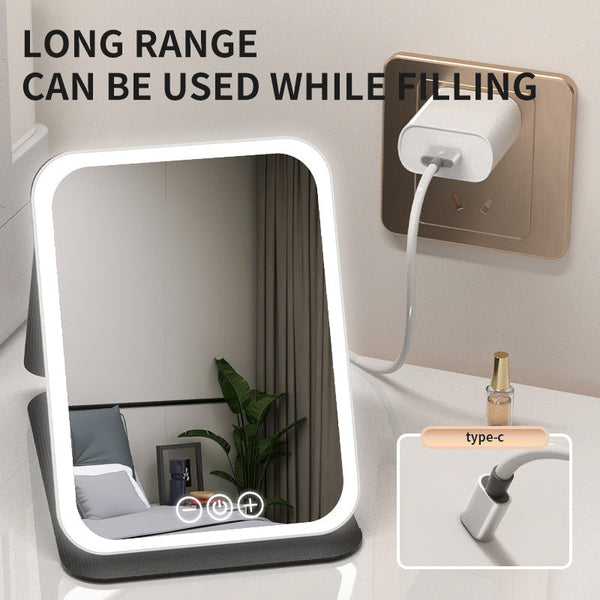 Black Large Foldable Led Makeup Mirror Portable Desktop Vanity With 3 Color Lights Stepless Dimming & Adjustable Stand Makeup Mirrors