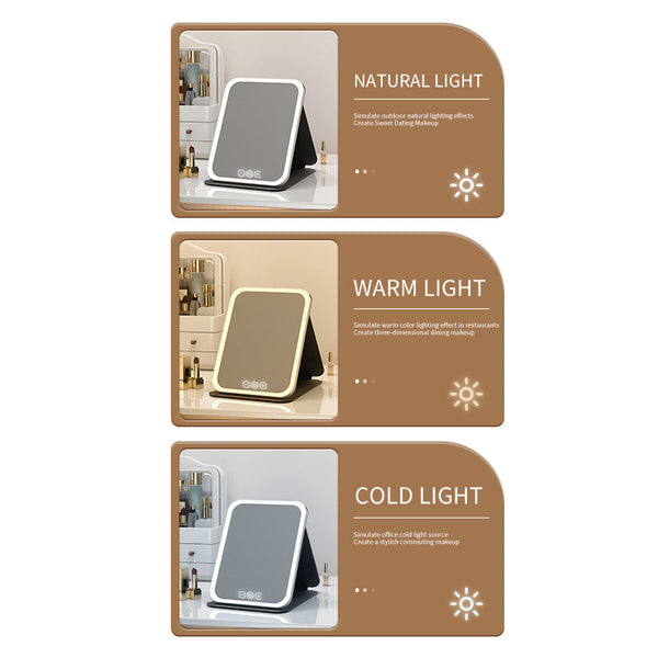 Black Large Foldable Led Makeup Mirror Portable Desktop Vanity With 3 Color Lights Stepless Dimming & Adjustable Stand Makeup Mirrors