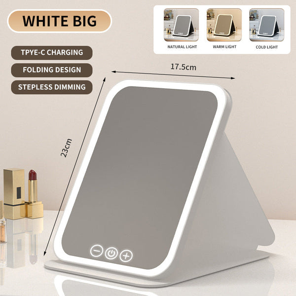 White Large Foldable Led Makeup Mirror Portable Desktop Vanity With 3 Color Lights Stepless Dimming & Adjustable Stand Makeup Mirrors
