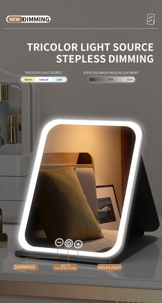 White Large Foldable Led Makeup Mirror Portable Desktop Vanity With 3 Color Lights Stepless Dimming & Adjustable Stand Makeup Mirrors