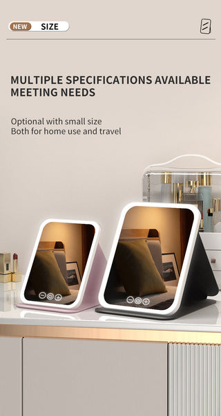 White Large Foldable Led Makeup Mirror Portable Desktop Vanity With 3 Color Lights Stepless Dimming & Adjustable Stand Makeup Mirrors