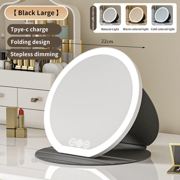 Black Large Round Foldable Led Makeup Mirror 22Cm Desktop Vanity With 3 Color Lights & Stepless Dimming Makeup Mirrors
