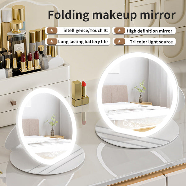 Black Large Round Foldable Led Makeup Mirror 22Cm Desktop Vanity With 3 Color Lights & Stepless Dimming Makeup Mirrors