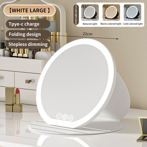 White Large Round Foldable Led Makeup Mirror 22Cm Desktop Vanity With 3 Color Lights & Stepless Dimming Makeup Mirrors