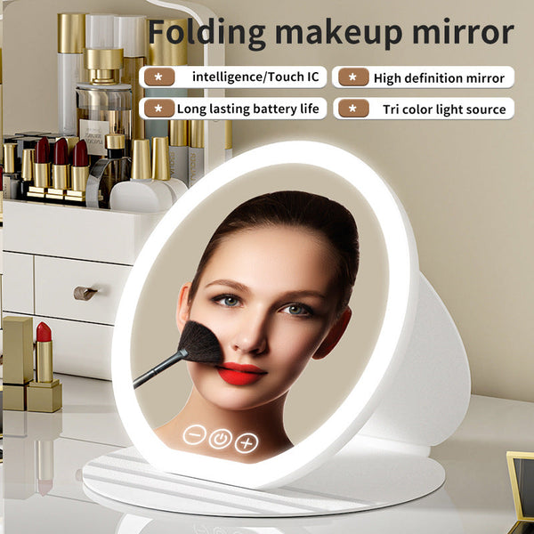 White Large Round Foldable Led Makeup Mirror 22Cm Desktop Vanity With 3 Color Lights & Stepless Dimming Makeup Mirrors