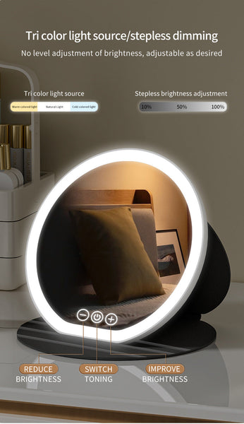 White Large Round Foldable Led Makeup Mirror 22Cm Desktop Vanity With 3 Color Lights & Stepless Dimming Makeup Mirrors
