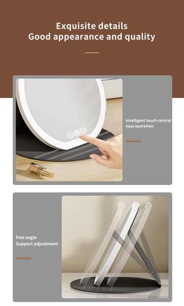 White Large Round Foldable Led Makeup Mirror 22Cm Desktop Vanity With 3 Color Lights & Stepless Dimming Makeup Mirrors