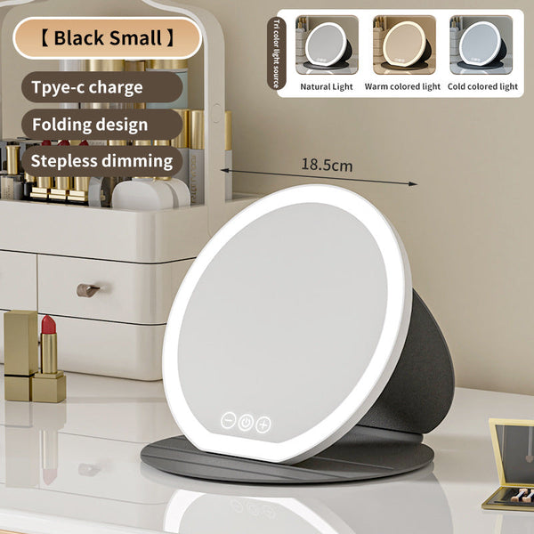 Black Small Round Foldable Led Makeup Mirror 18.5Cm Desktop Vanity With 3 Color Lights & Stepless Dimming Makeup Mirrors