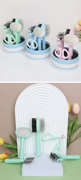 Pink And Blue Complete 5 In 1 Care Kit Professional Deshedding Brushes Combs & Nail Clippers Set For Dogs Cats Pet Grooming