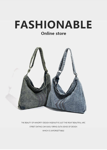 Blue Retro Washed Denim Hobo Bag Large Capacity Shoulder & Crossbody Tote For Casual Everyday Commute Women's Bags & Handbags