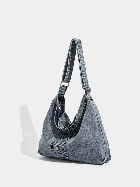 Blue Retro Washed Denim Hobo Bag Large Capacity Shoulder & Crossbody Tote For Casual Everyday Commute Women's Bags & Handbags
