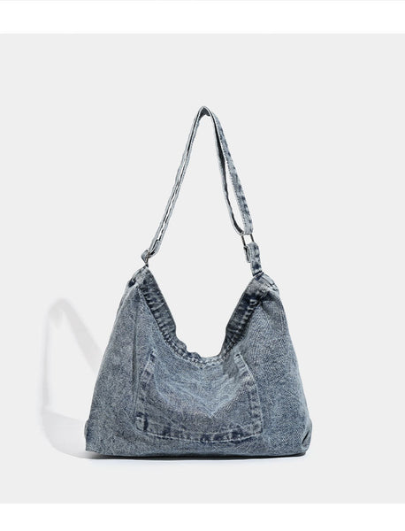 Blue Retro Washed Denim Hobo Bag Large Capacity Shoulder & Crossbody Tote For Casual Everyday Commute Women's Bags & Handbags