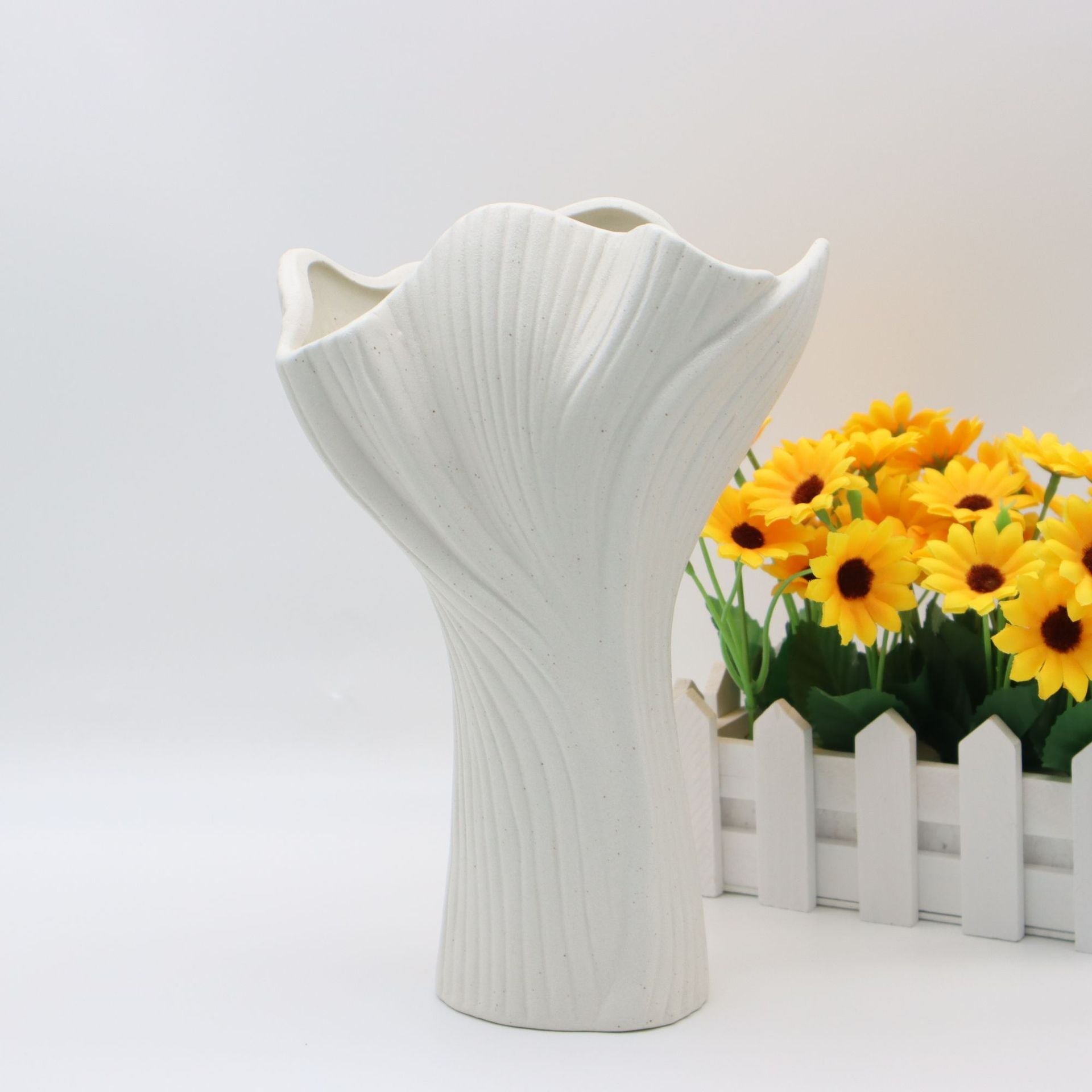 White Elegant Off Ceramic Vase Modern Sculptural Flower Holder With Wide Fluted Opening Vases