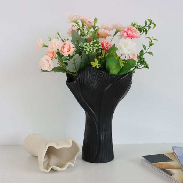 White Elegant Off Ceramic Vase Modern Sculptural Flower Holder With Wide Fluted Opening Vases