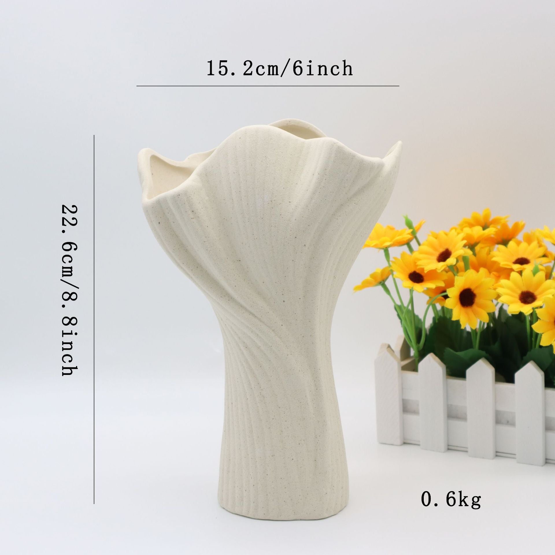 Beige Elegant Off White Ceramic Vase Modern Sculptural Flower Holder With Wide Fluted Opening Vases