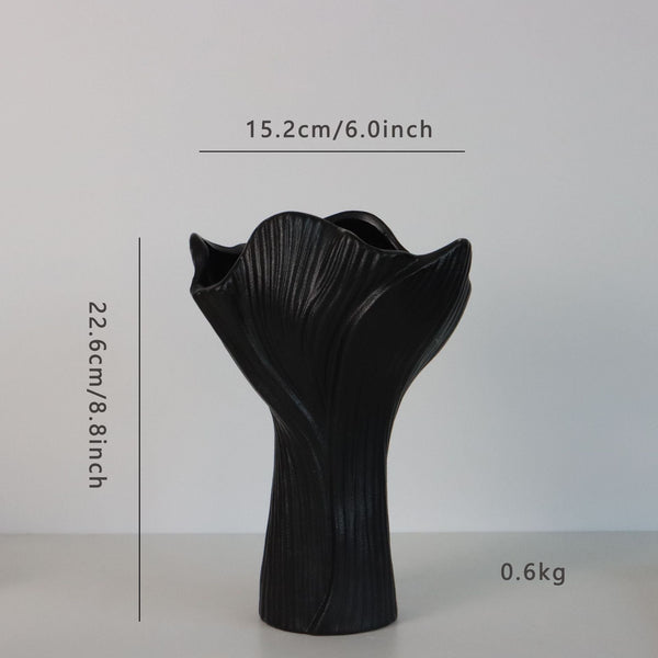 Black Elegant Off White Ceramic Vase Modern Sculptural Flower Holder With Wide Fluted Opening Vases